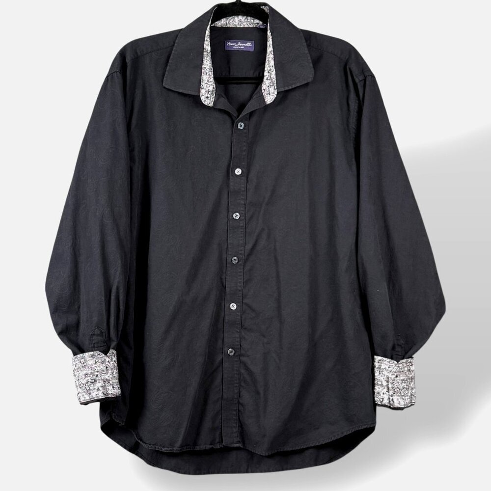 Marco Brunelli Shirt Mens Sz XL Black Paisley Flip Cuff Spread Collar Button Up